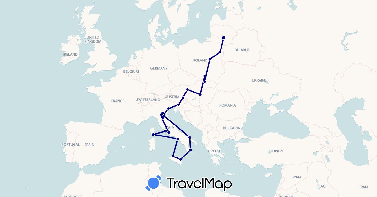 TravelMap itinerary: driving in Austria, France, Hungary, Italy, Lithuania, Poland, Slovenia (Europe)